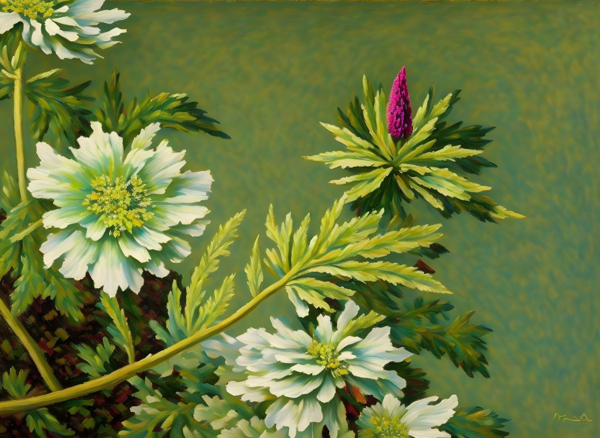 White Flowers Painting with Purple Bud Among Green Foliage