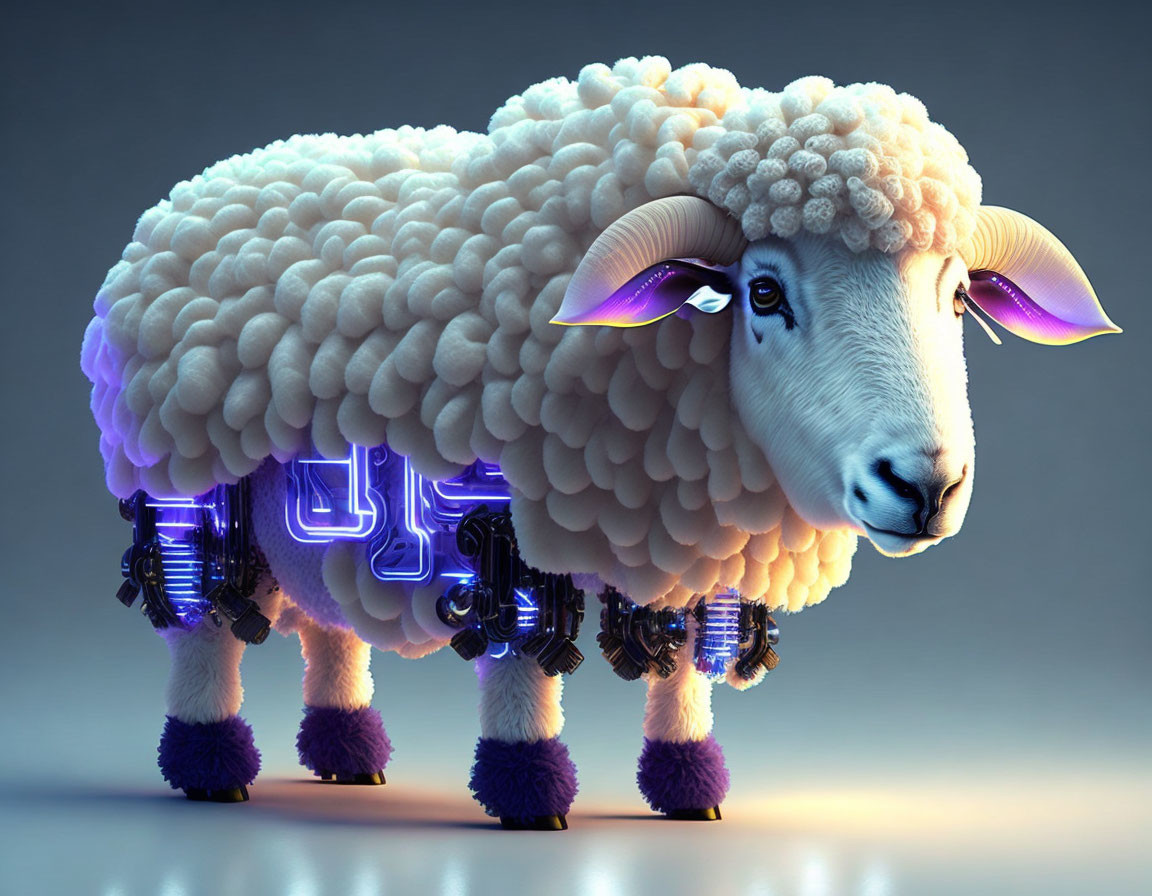 Fluffy white sheep with violet ears and cybernetic legs on gray background