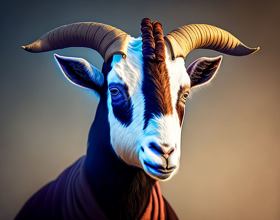 Close-up of goat with prominent horns and striking coat pattern