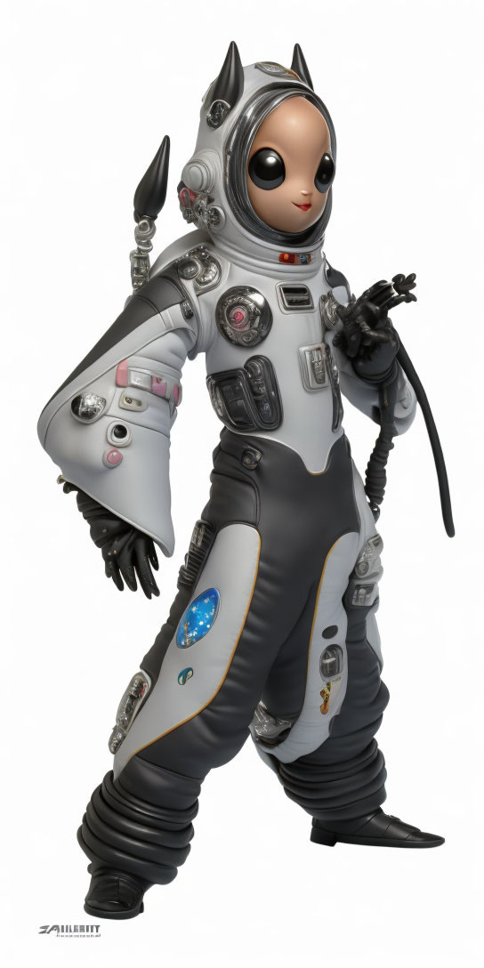 Stylized astronaut character in futuristic spacesuit with anime eyes and small alien.