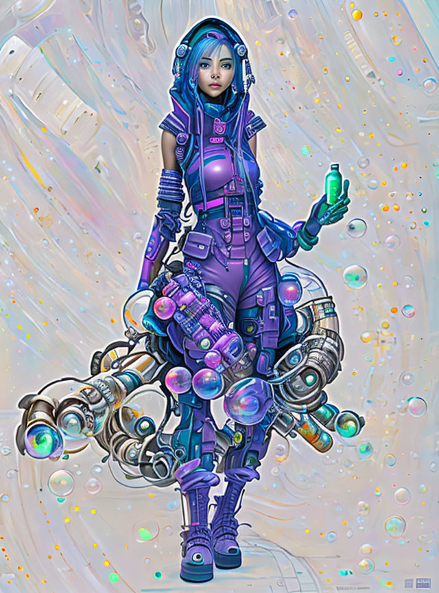 Futuristic Female Character in Purple and Blue Suit with Glowing Mechanical Device