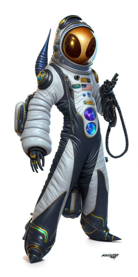 Futuristic astronaut in reflective helmet and white spacesuit with blue and gold accents carrying hose-like device