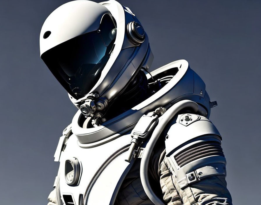 Astronaut in white space suit against blue sky