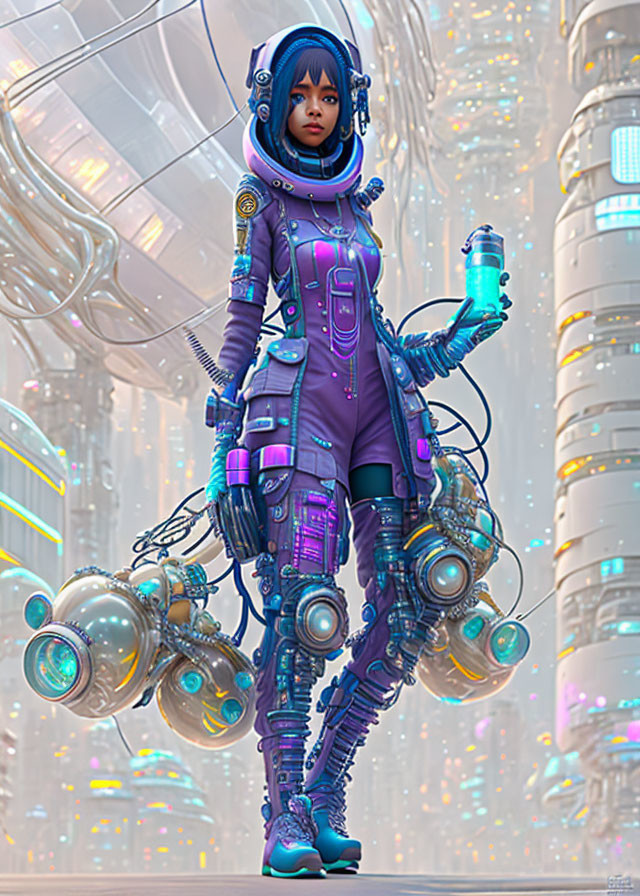 Futuristic female character in blue and purple suit with high-tech gear in neon-lit cityscape