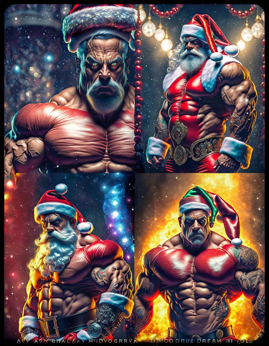 Four Stylized Muscular Santa Claus Images in Snowy Setting