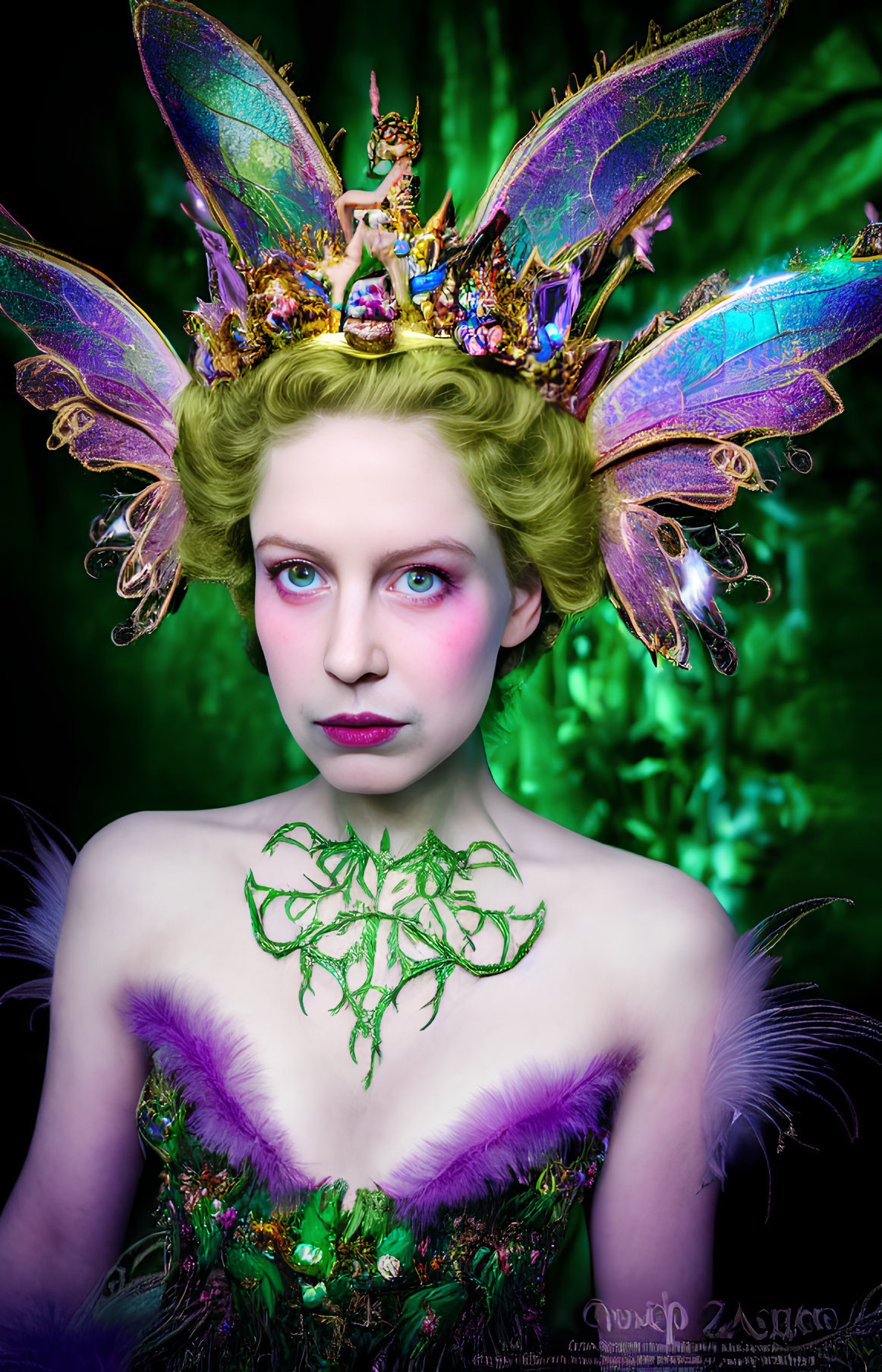 Woman with elaborate butterfly crown and striking makeup on green backdrop