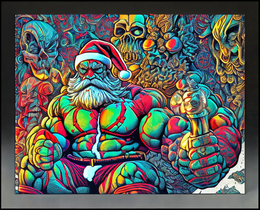 Colorful painting of muscular Santa Claus with weights in surreal style