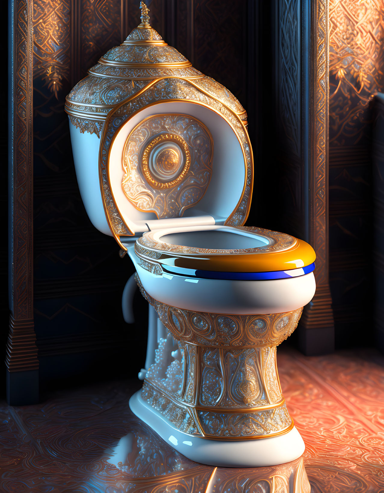 Luxurious Bathroom with Ornate Gold-patterned Toilet