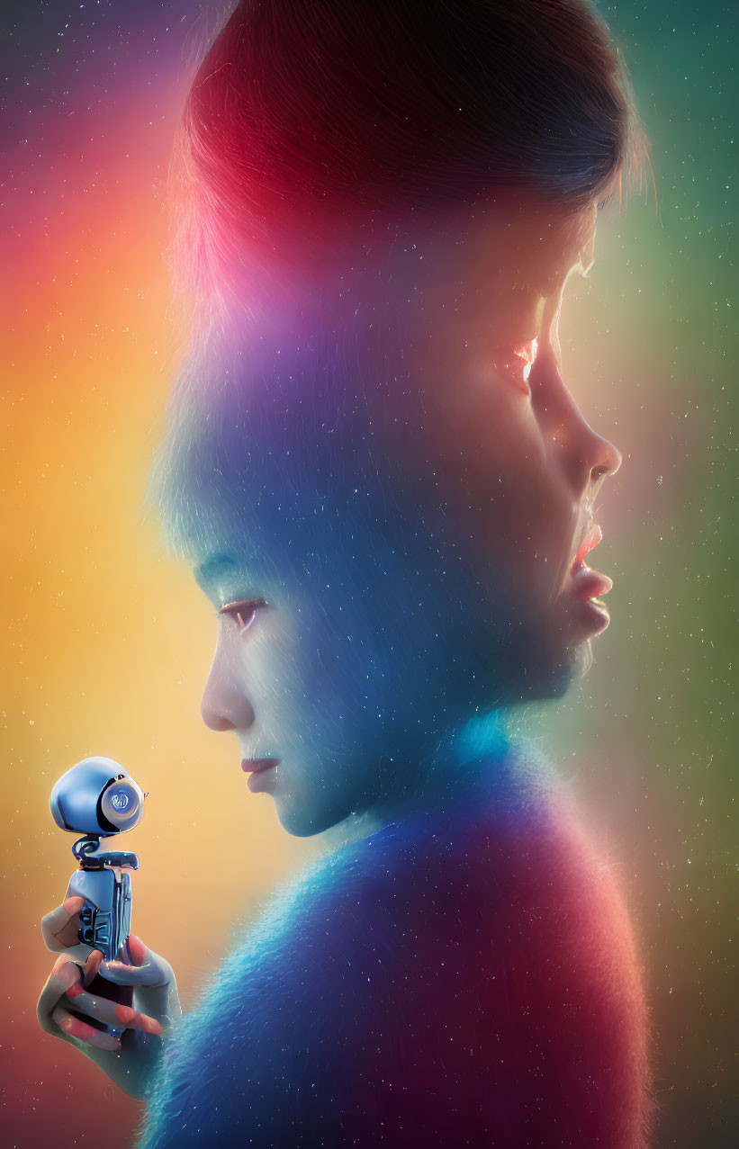 Vibrant profile portrait with two individuals and a small robot on cosmic background