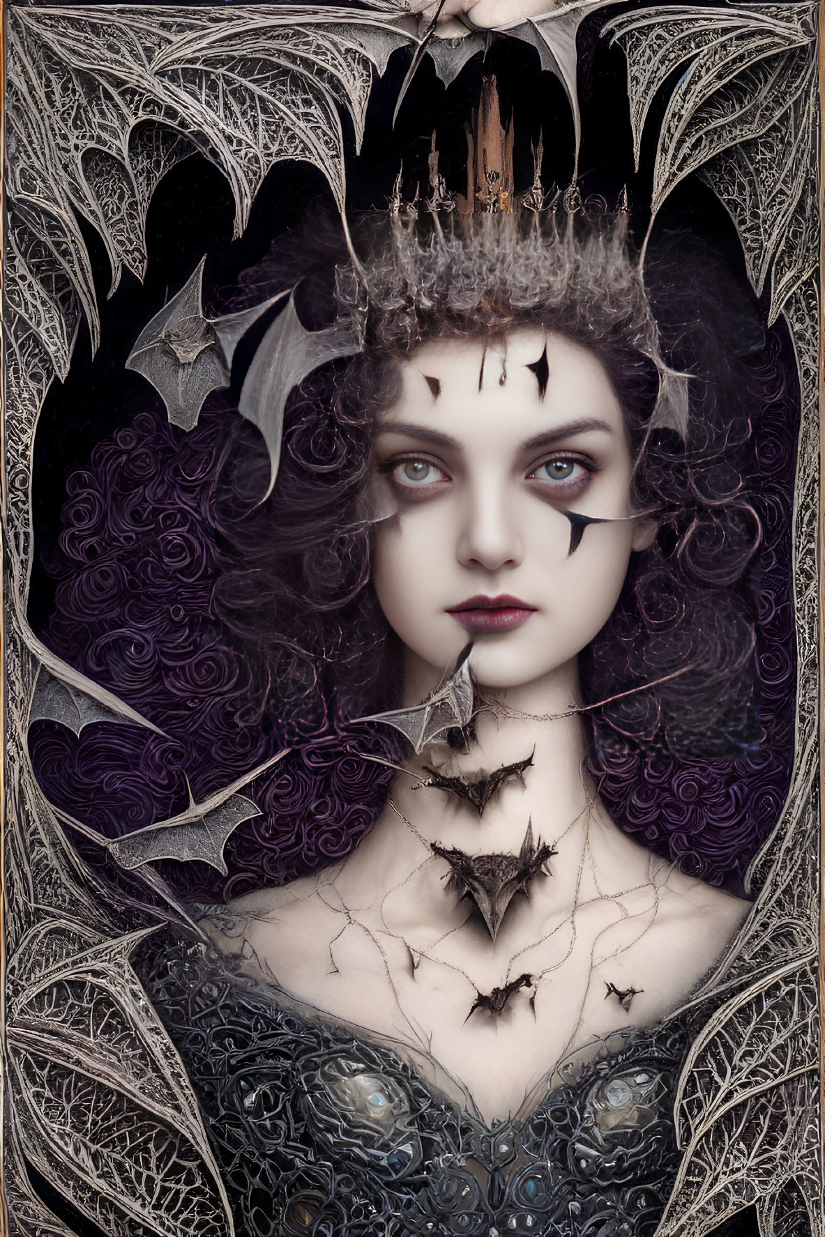 Gothic fantasy art of pale woman with dark hair, crown, silver filigree, bats