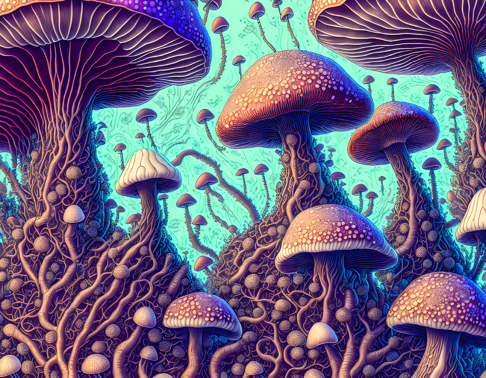 Colorful Digital Artwork Featuring Stylized Mushrooms