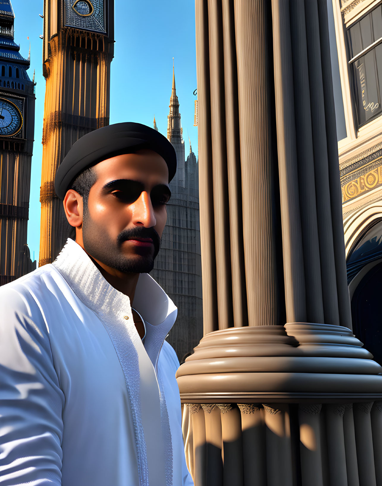 Bearded man in white shirt and beret by classical columns with Big Ben in background