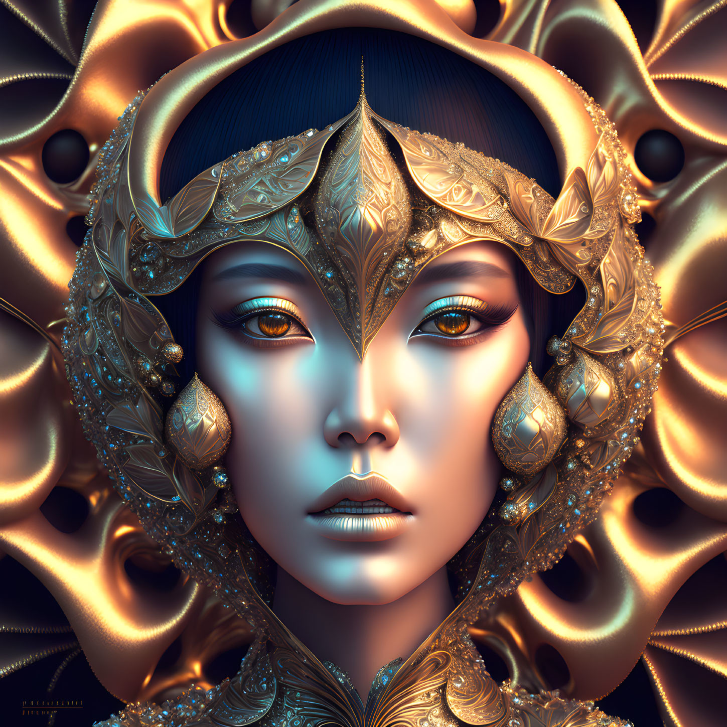 Digital artwork: Woman with golden headdress, intricate jewelry, blue eyes, symmetrical patterns