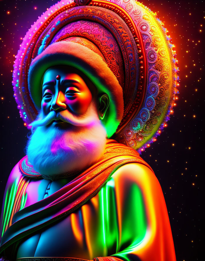 Colorful Psychedelic Digital Art: Bearded Turbaned Character in Cosmic Setting