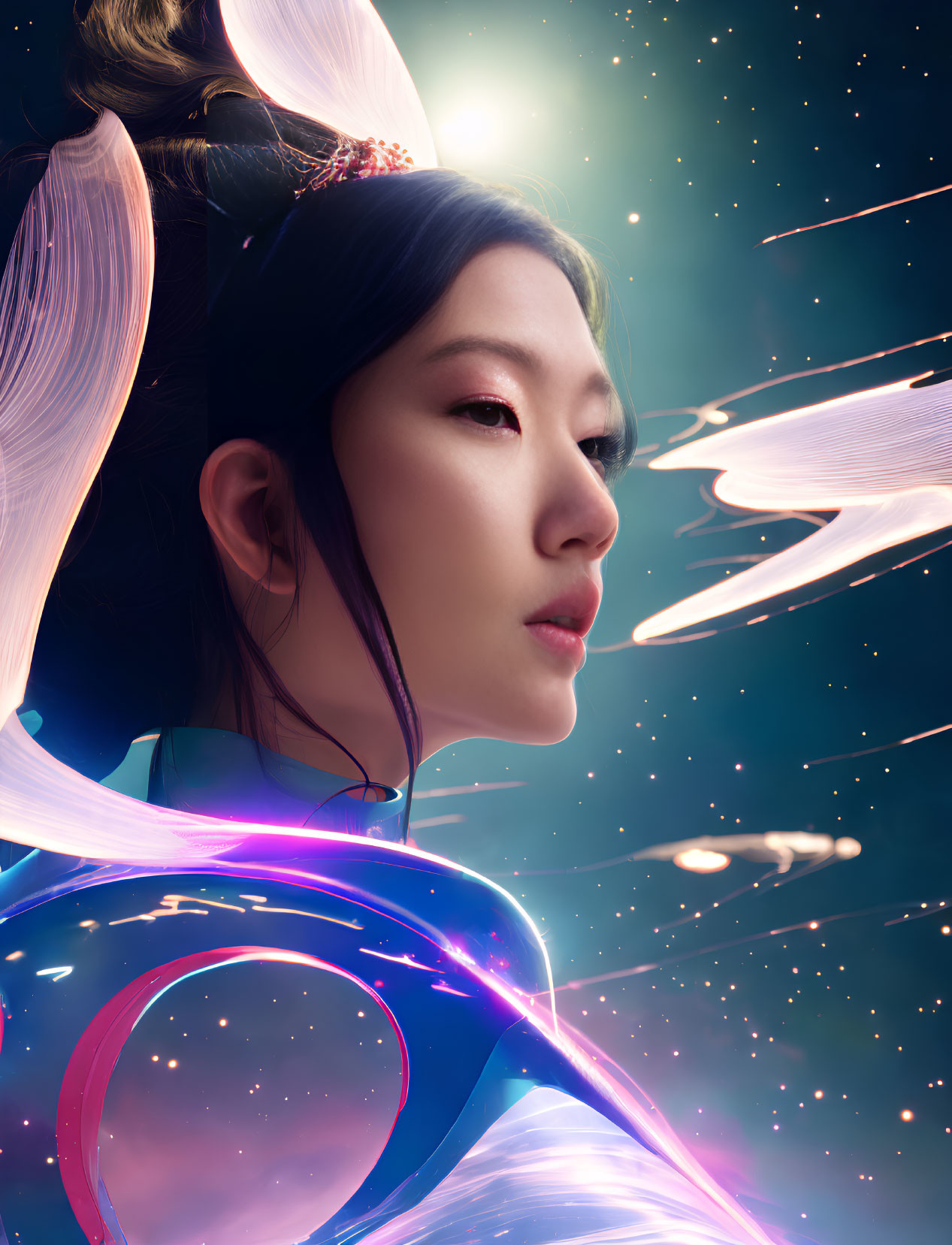 Digital artwork: Woman with East Asian features in cosmic setting