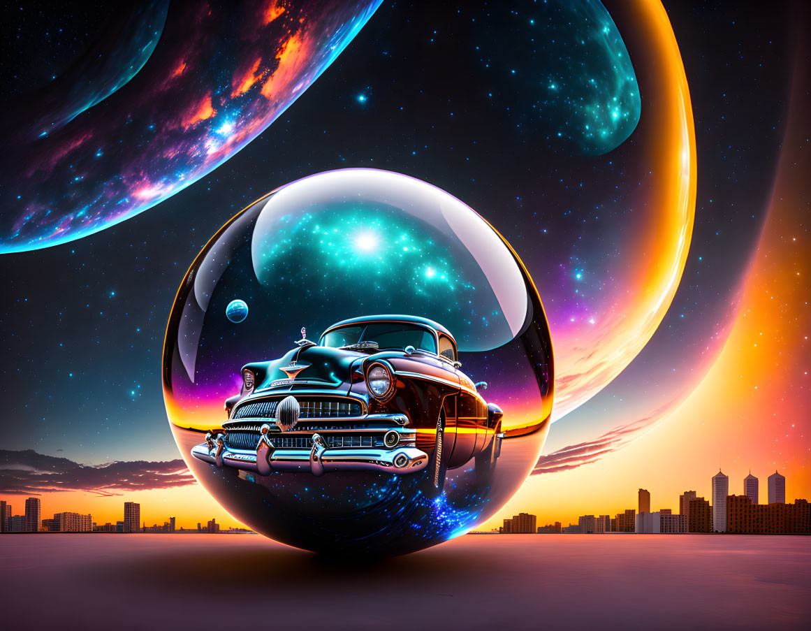 Vintage car in transparent sphere surrounded by starry galaxy, planets, and city skyline