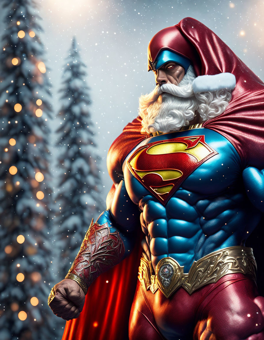 Muscular Santa Claus in superhero costume with 'S' emblem in snowy setting