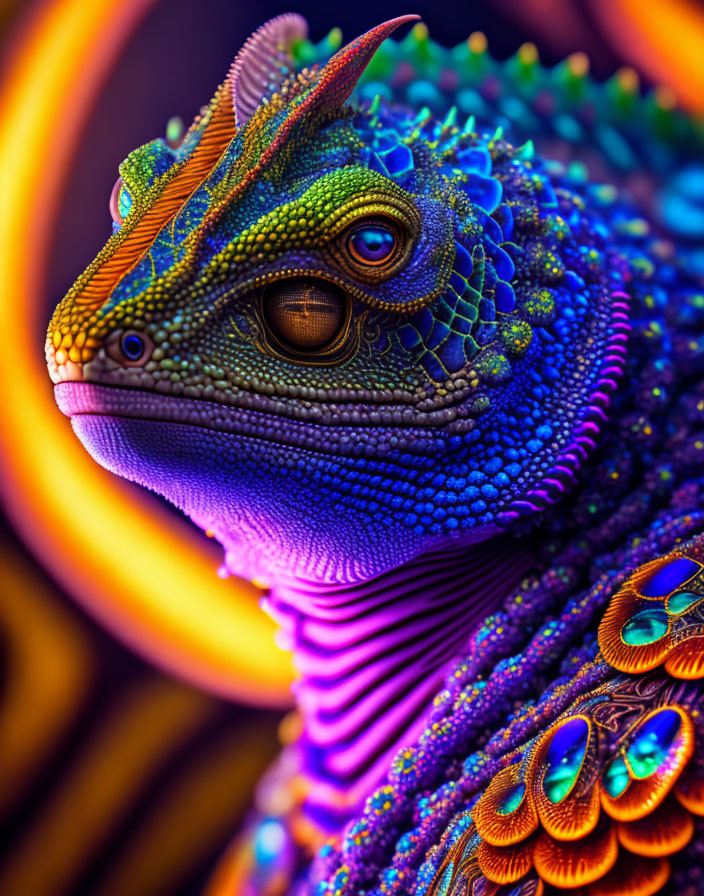 Vibrant chameleon with blue and green scales and eye spots