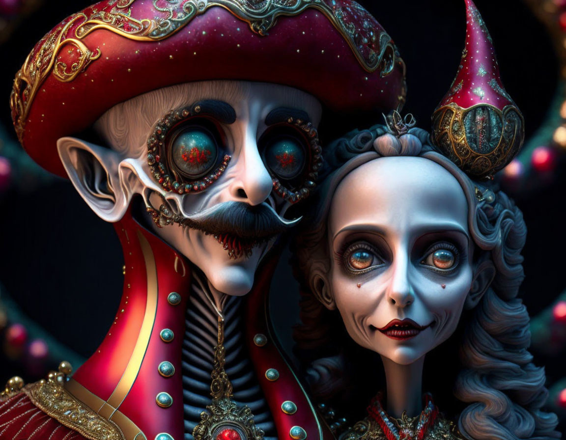 Detailed 3D rendering: Skeleton couple in regal attire with dark theme