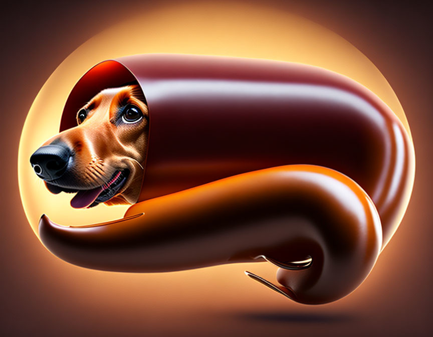 Surreal hot dog with dachshund face on orange background