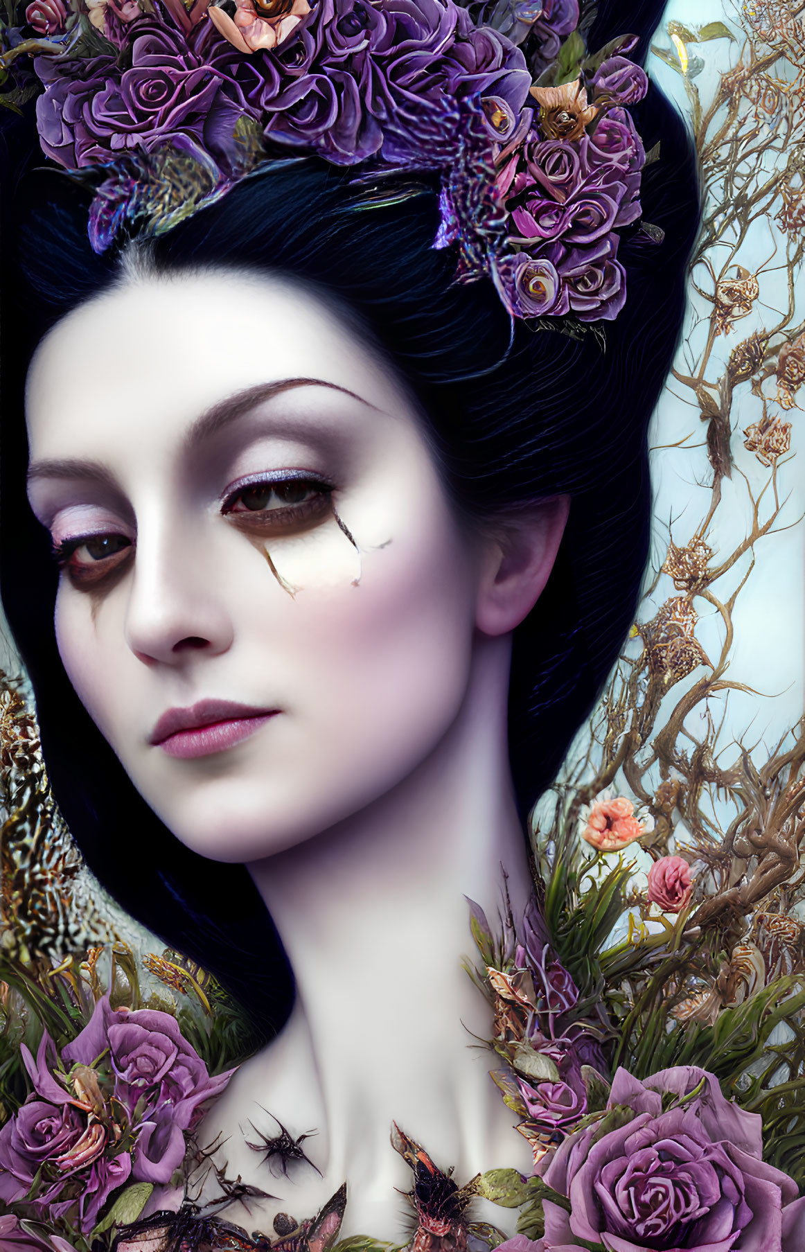 Portrait of Woman with Pale Skin, Dark Hair, Purple Flowers, Branches, and Butterflies