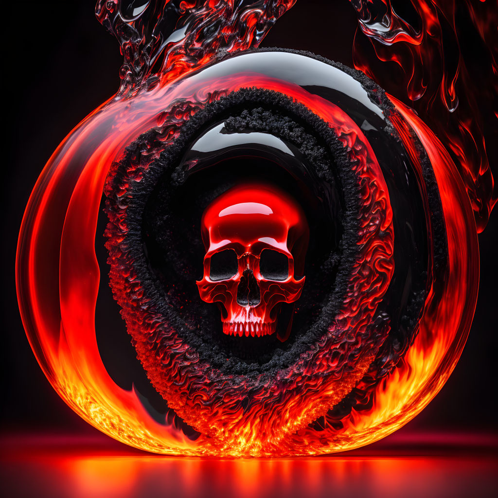 Skull surrounded by swirling rings and fiery liquid effect on dark background