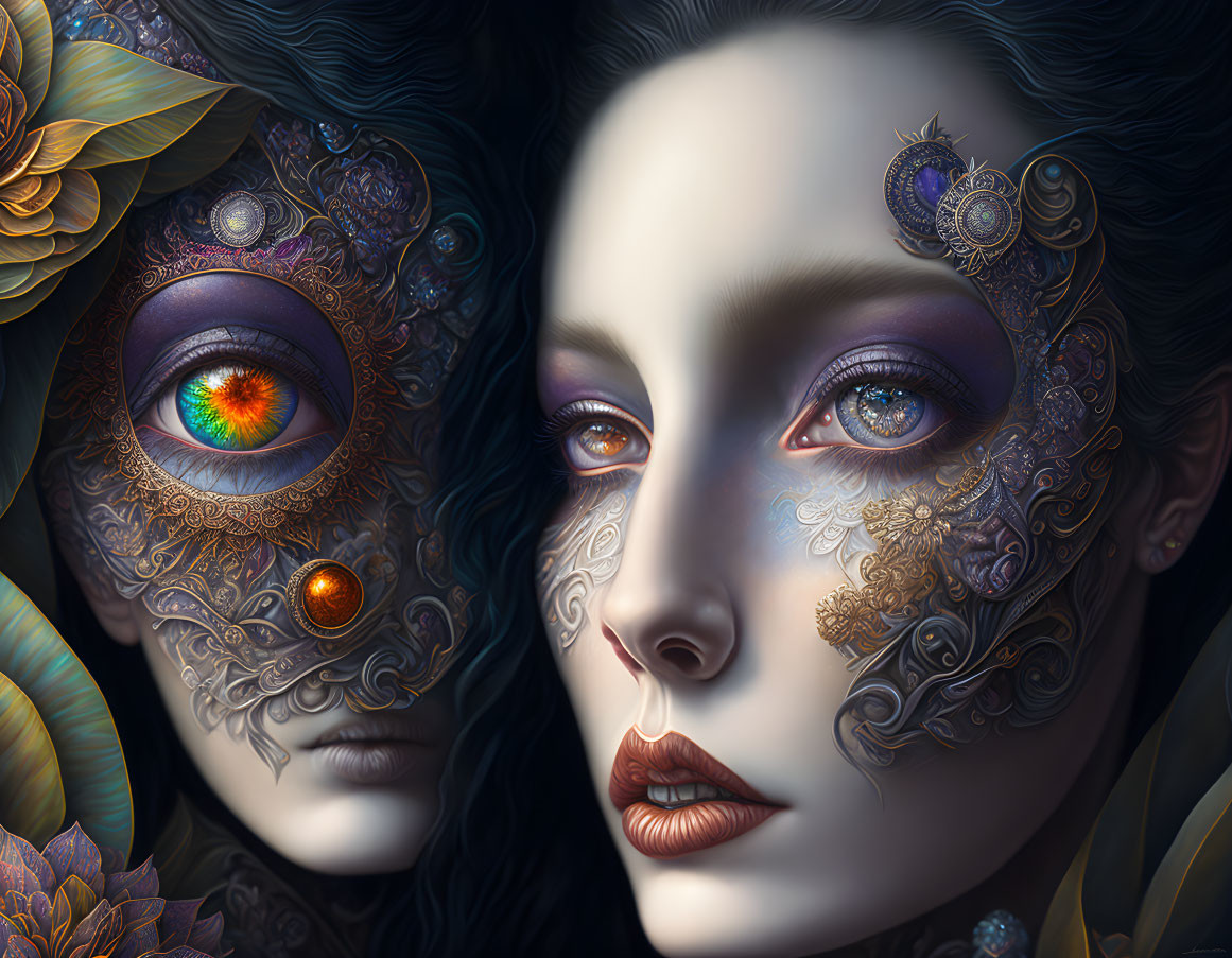 Intricate Metallic Filigree Masks on Faces with Colorful Eye in Digital Art