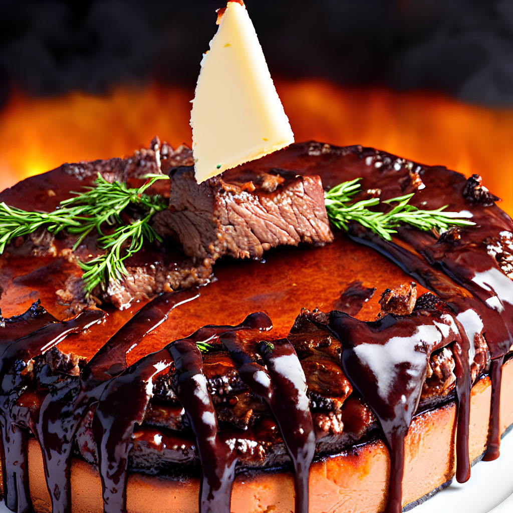 Decadent Steak Cheesecake with Chocolate Ganache and Rosemary Garnish