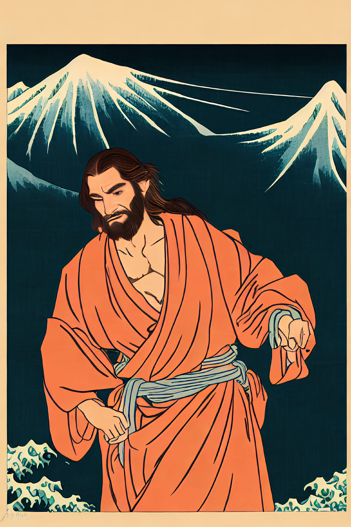 Illustrated portrait of bearded man in orange Japanese robes with Mount Fuji and stylized waves.