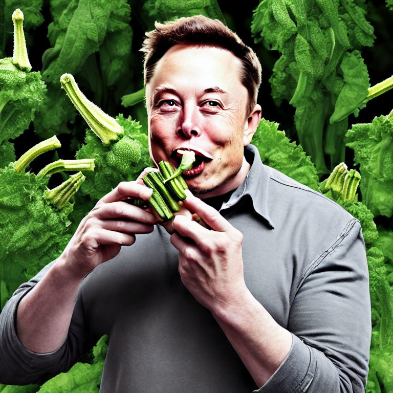 Man playfully biting celery in a green setting