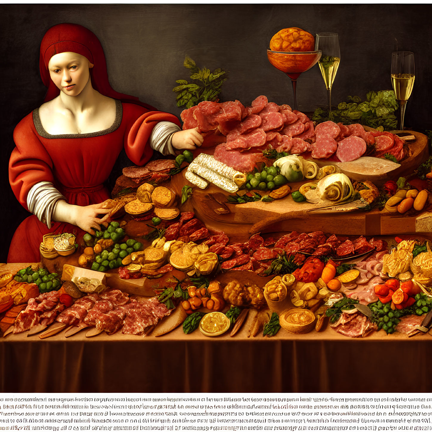 Woman in Red Headscarf Surrounded by Food and Wine Display