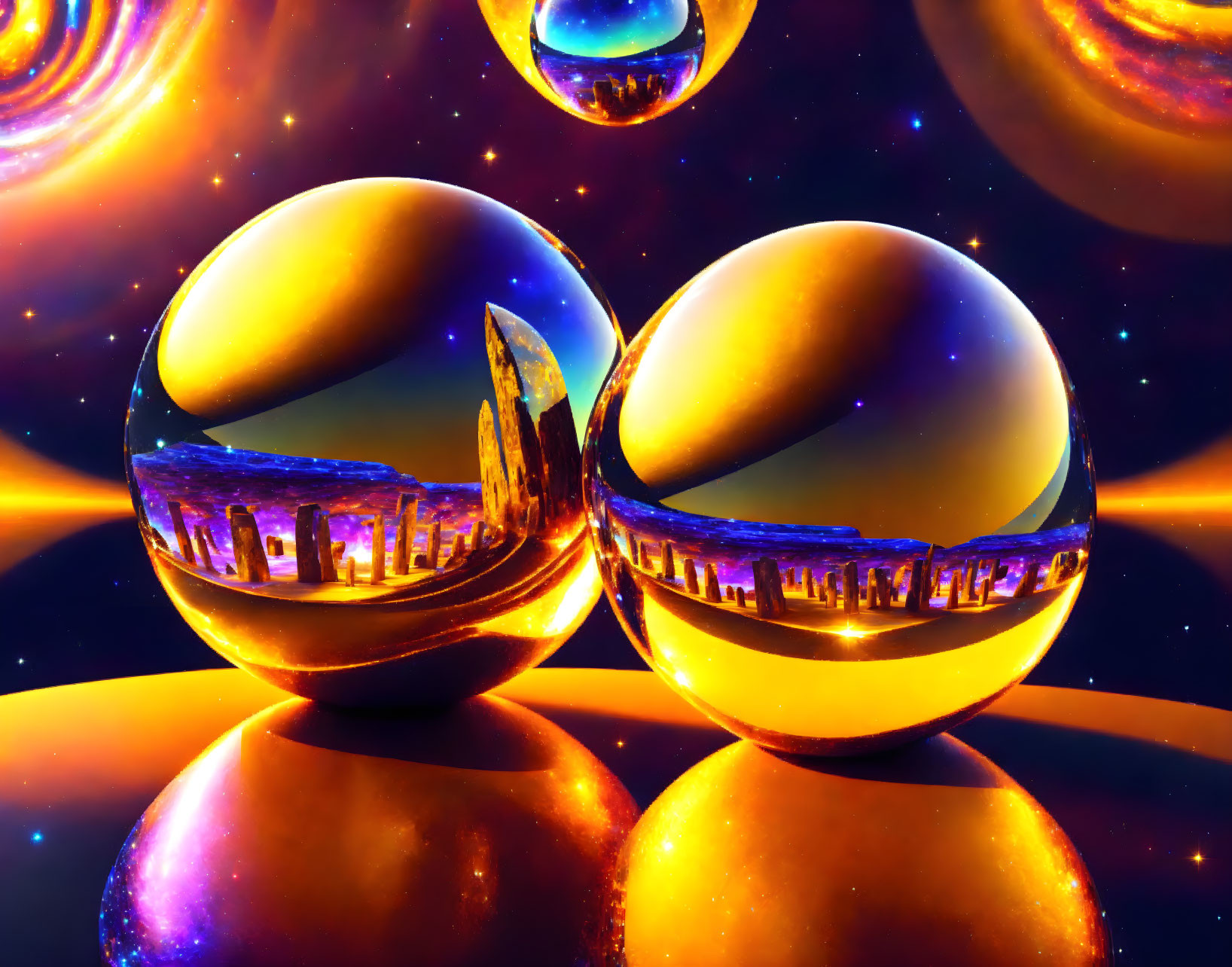 Reflective Spheres Display Distorted Cityscape in Vibrant Orange and Blue Hues