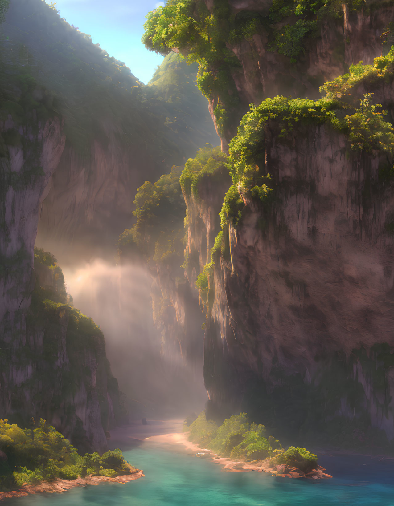 Sunlit Canyon: Serene River, Towering Cliffs, Lush Greenery