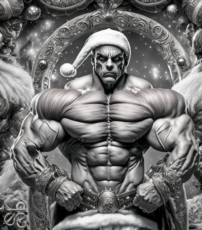 Monochrome muscular man in Santa hat with Christmas attire and festive ornaments