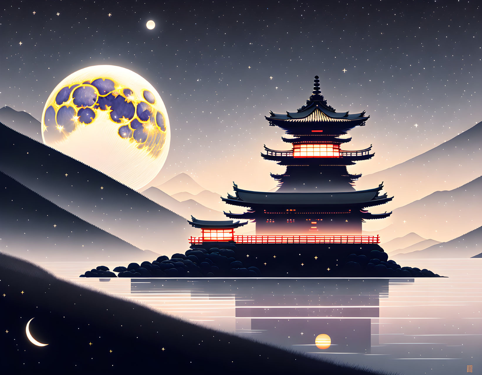 Traditional Pagoda by Reflective Lake Under Starry Sky with Large Moon