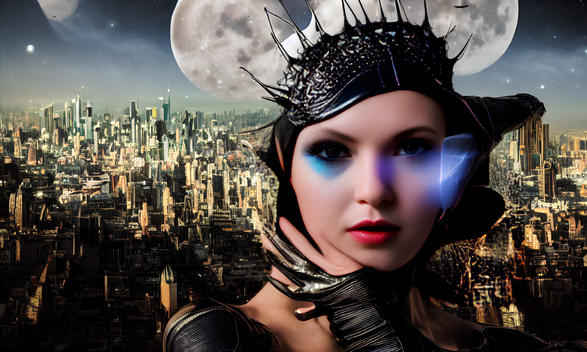 Futuristic woman with striking makeup and spiky headpiece against cityscape with dual moons