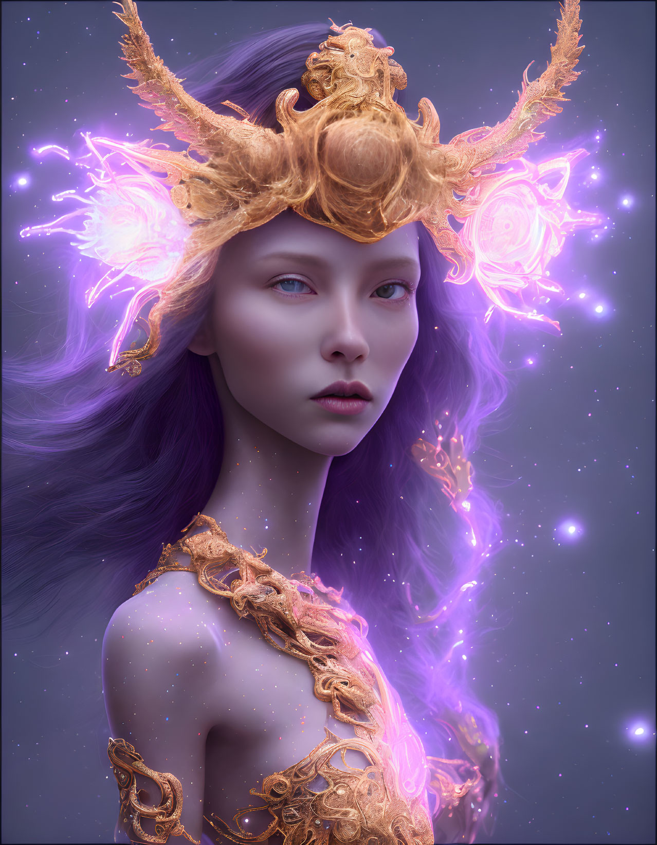 Mystical woman with purple skin and golden crown surrounded by glowing particles