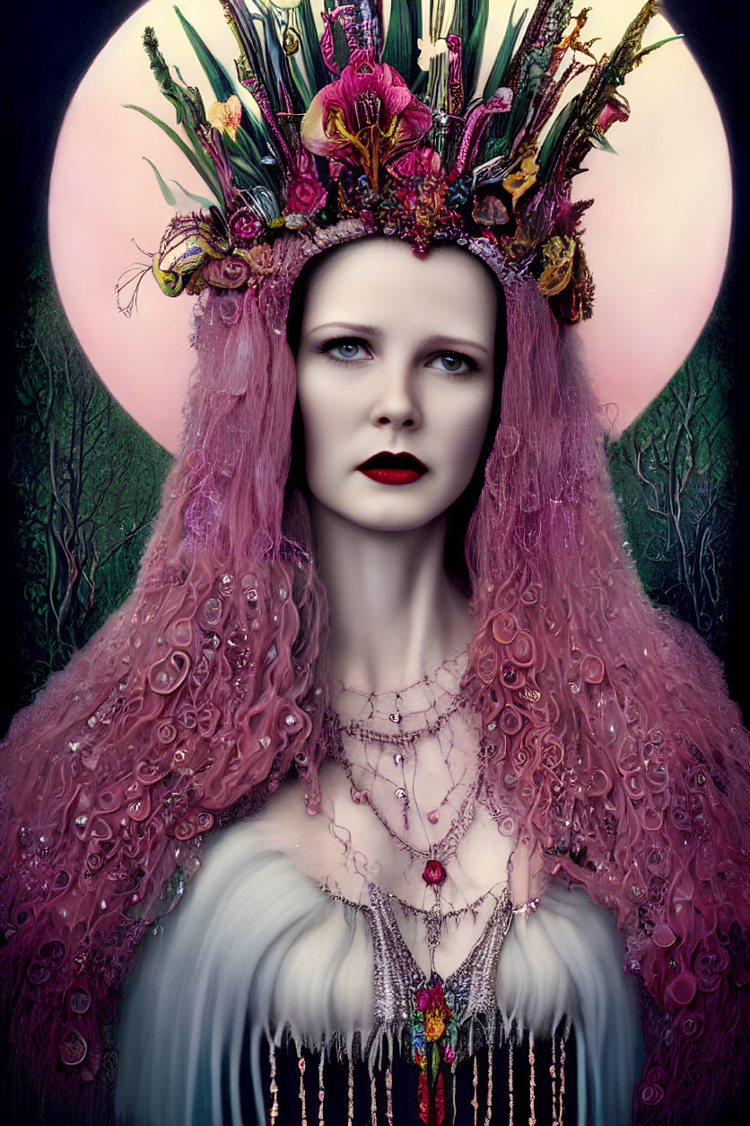 Portrait of Person with Pale Skin, Red Lips, Ornate Floral Headdress, Pink Veil,