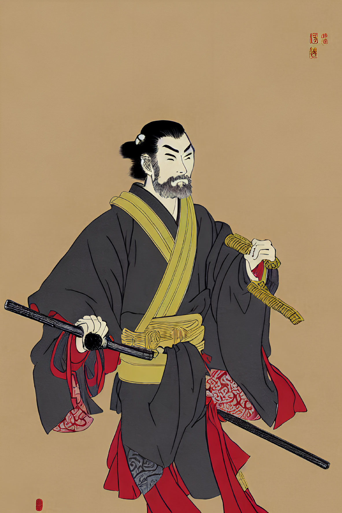 Traditional Japanese Artwork: Samurai with Two Swords in Kimono