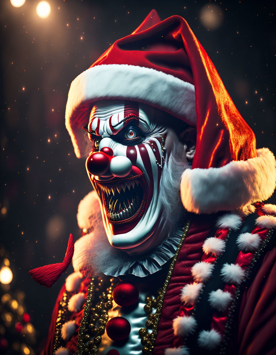 Creepy Santa Clown with Sharp Teeth in Festive Attire