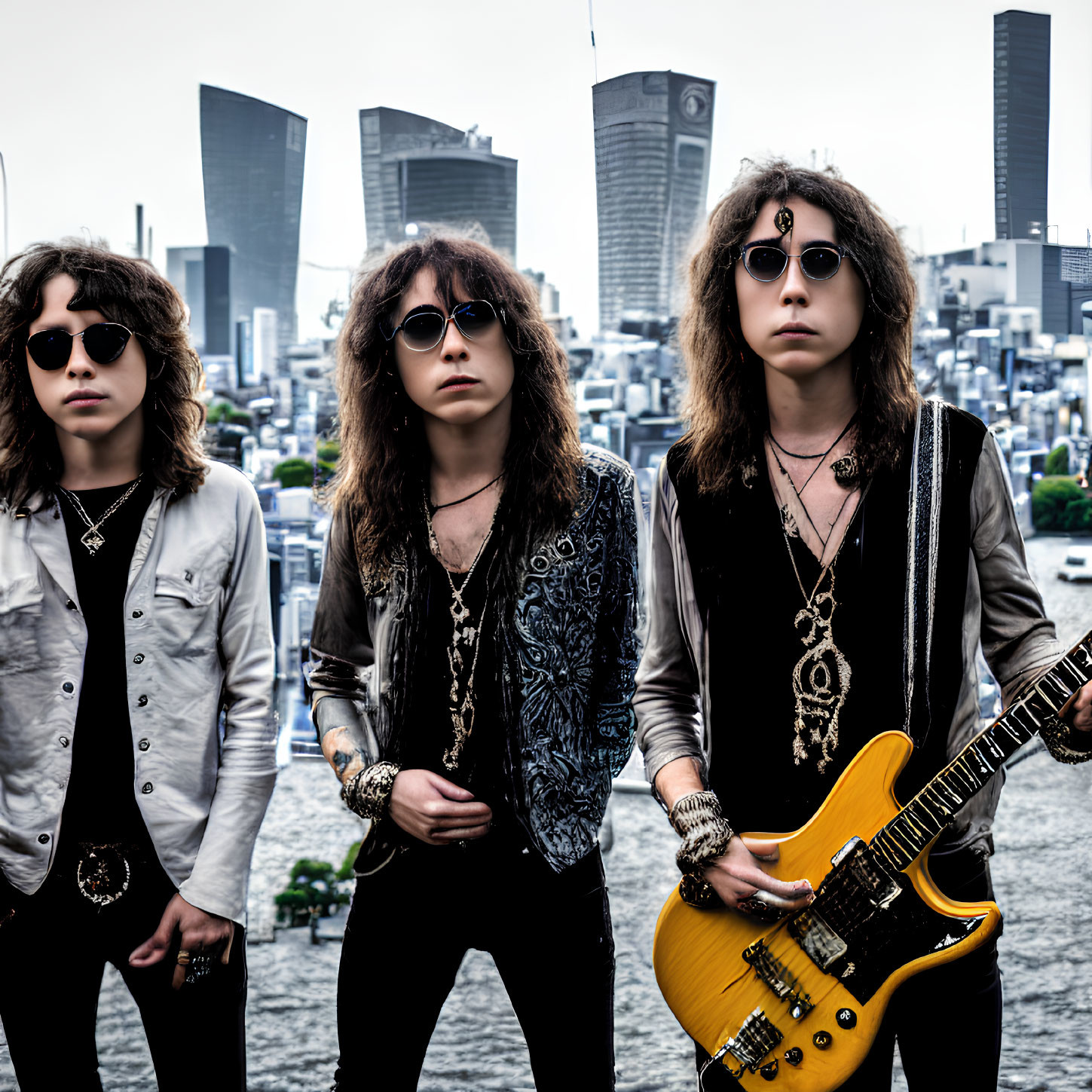 Three musicians with long curly hair in rock attire against city skyline, one with yellow electric guitar