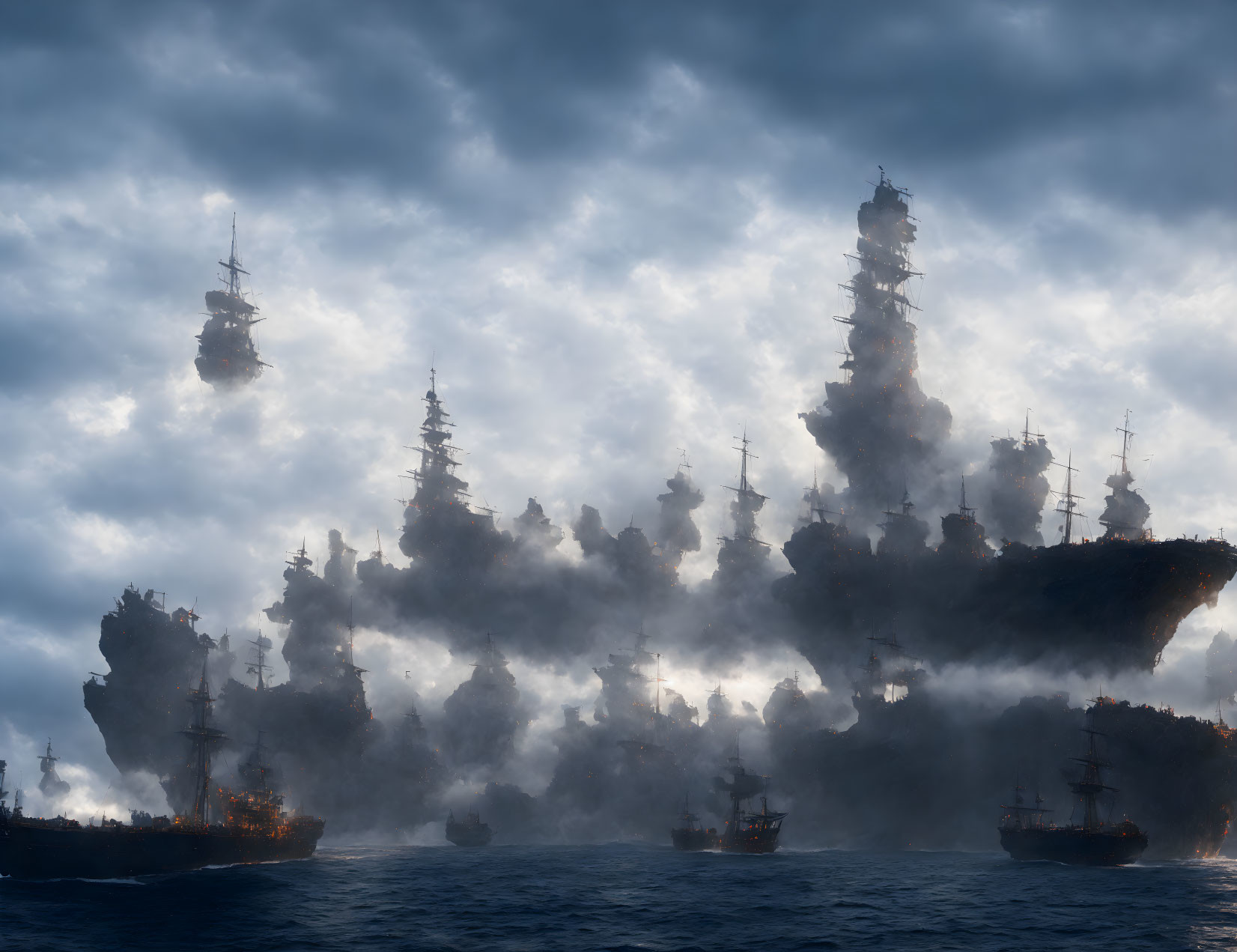 Ghostly pirate ships on turbulent sea under dramatic sky