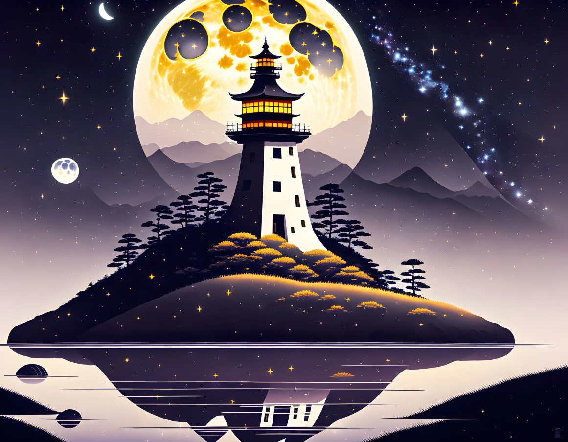 Fantastical digital art: Pagoda on floating island under giant moon