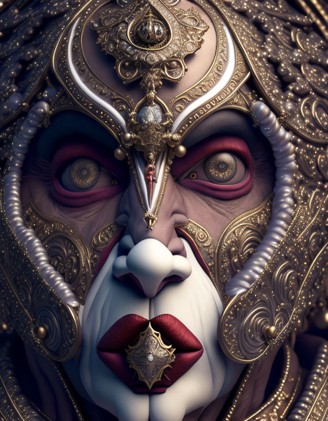 Intricately adorned figure with gold headgear and crimson eyes