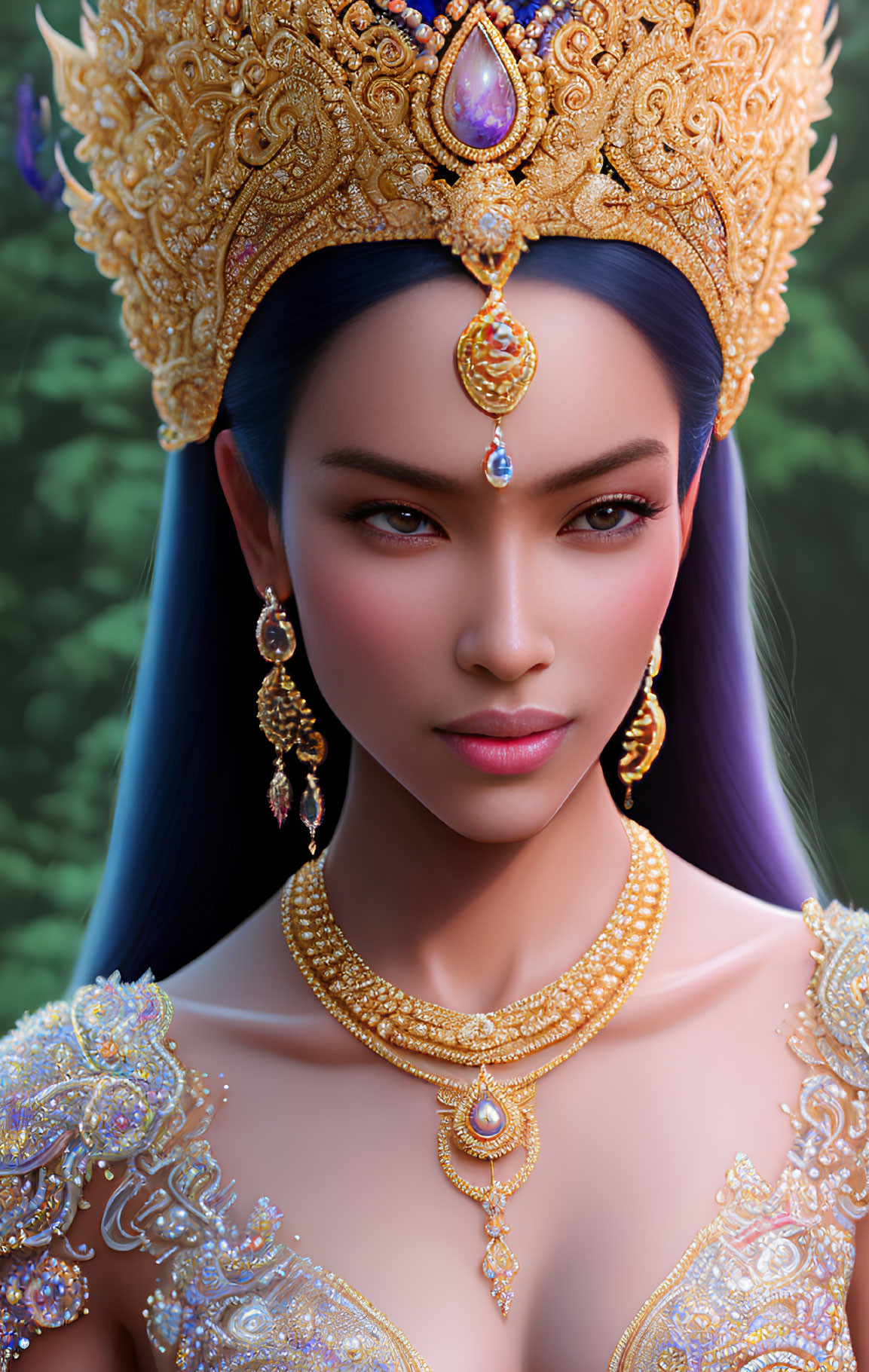 Intricate golden headdress and jewelry on serene woman in natural setting