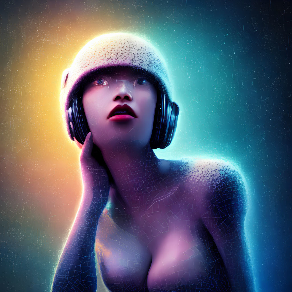 Vibrant digital portrait of person in helmet and headphones