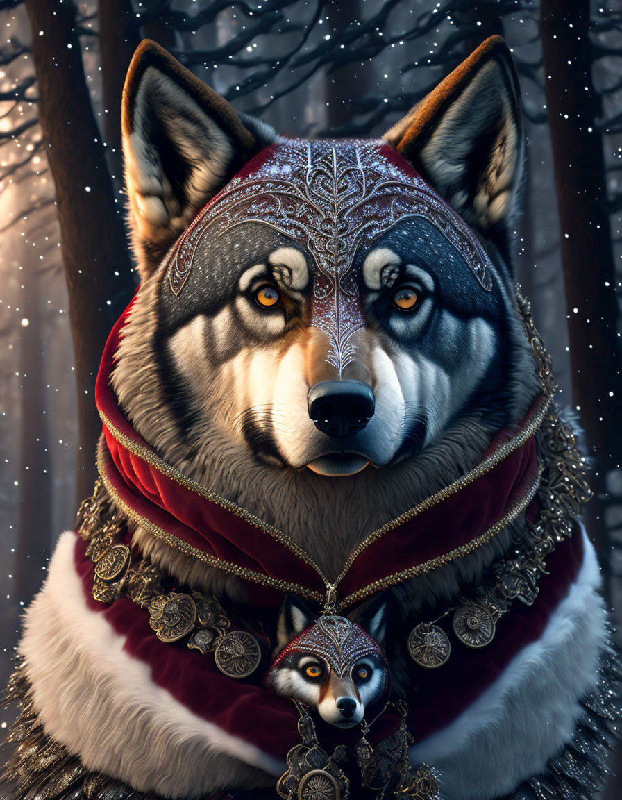 Majestic wolf with blue eyes in red cloak, adorned with golden coins, in snowy forest