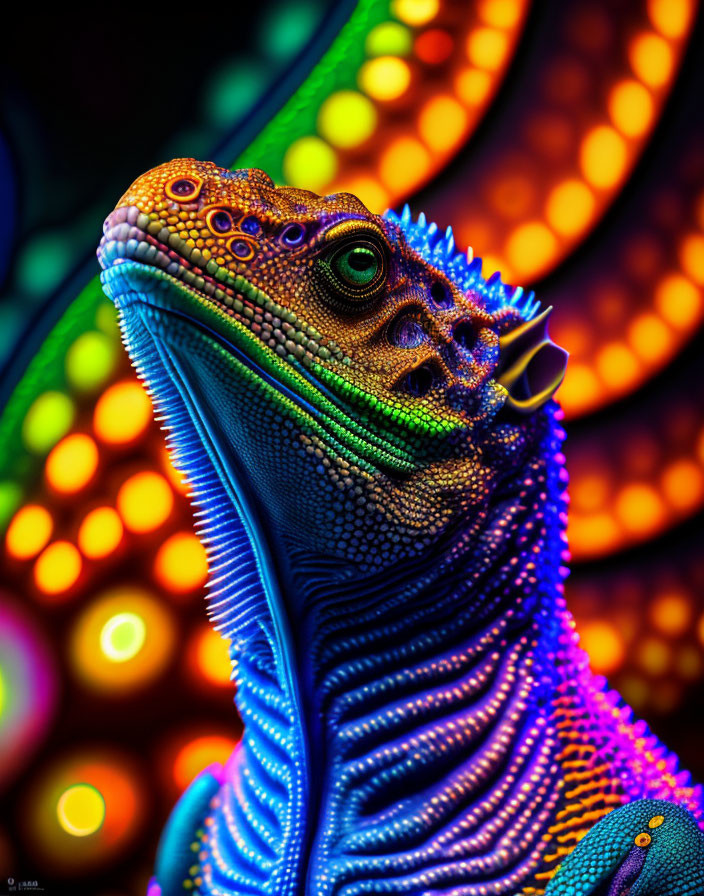 Colorful iguana on vibrant circular backdrop