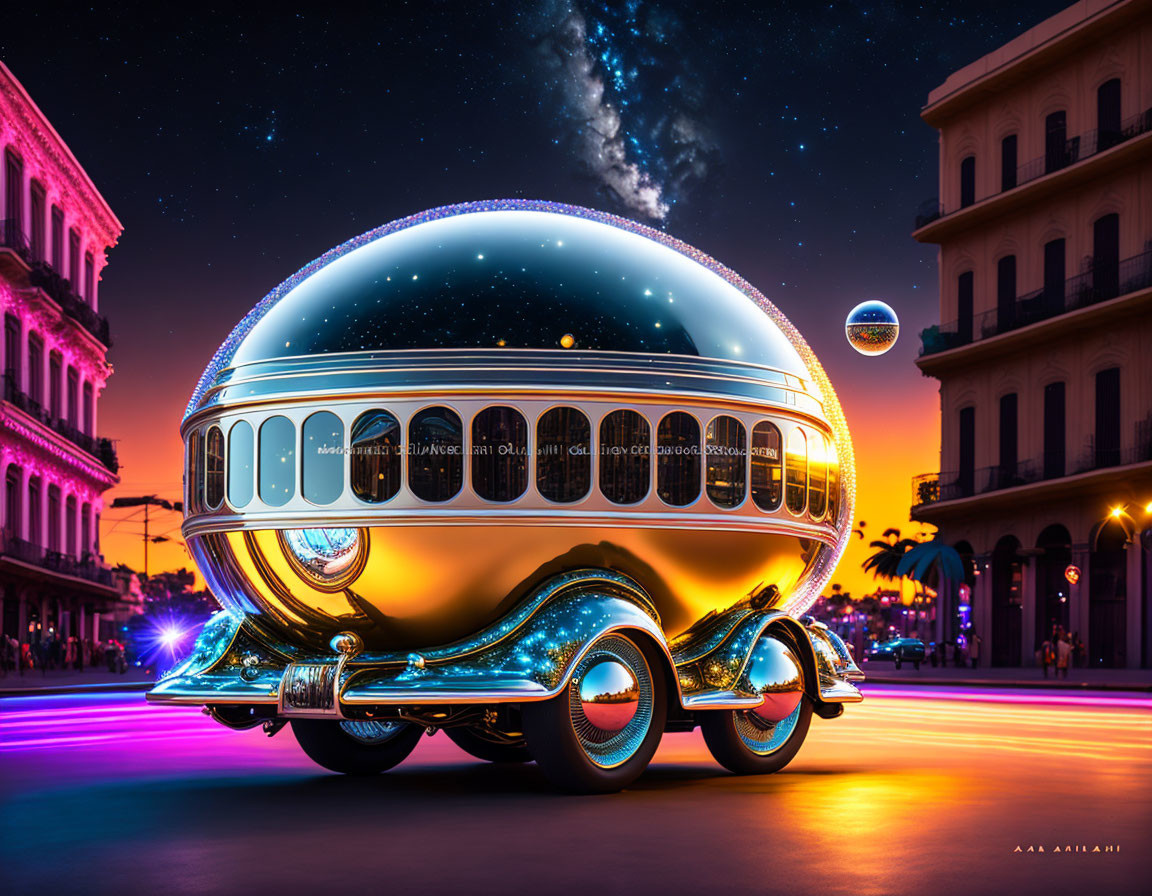 Futuristic spherical vehicle with chrome details in urban twilight