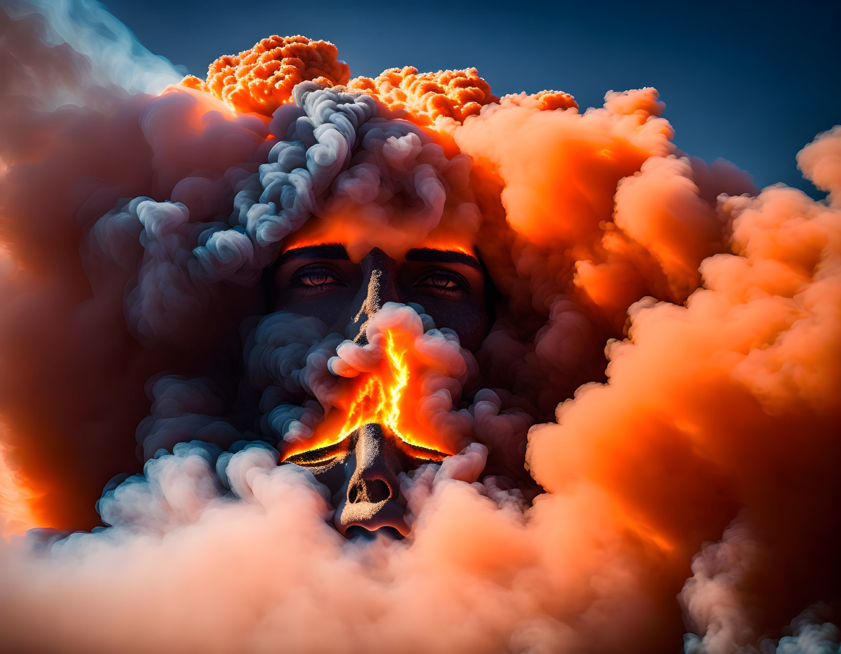 Person's face emerges from orange and red smoke with flaming eyes and mouth.